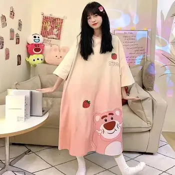 Kawaii Bear Sanrio Hello Kitty Kuromi Cinnamoroll Pochacco Пижами Летни Дамски Свободни Извънгабаритни Нощници Домашно Облекло Подарък