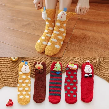 Обемни коледни чорапи от коралов кадифе, детски домашни есенно-зимни дебели пухкави чорапи за спане на пода