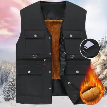 Топъл мъжки жилетки за зимата топла една плюшена подплата, мъжка жилетка без ръкави с V-образно деколте и 6 джобове, ветрозащитная закопчалки за копчета, ежедневието на обикновен цвят