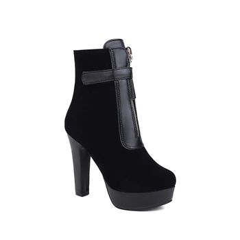 2021 Модни Дамски Обувки На масивна ток, платформа, с Цип, Къси Зимни Черни Обувки С кръгло бомбе, Пикантен Дамски обувки-Големи Размери 50 33-28