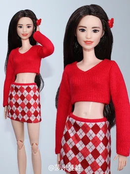 Модерен комплект дрехи/ярко червен пуловер + пола-окото/30 см стоп-моушън облекло, костюм за 1/6 Xinyi FR ST Кукли Барби/подарък за момичета
