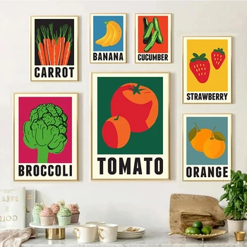 Минималистичная кухненски храна, плодове, домати, портокал, Банан, Броколи, художествен плакат, картина върху платно, монтиран на стената принт, картина за хола, домашен декор