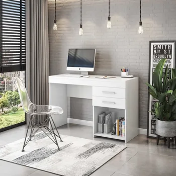 Бял компютърно бюро за домашния офис или спални с чекмеджета, подходящ за малки помещения