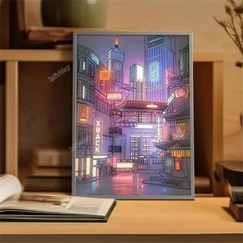 Аниме led картина с красива нощна гледка към града, HD-изображение с тясна рамка, USB щепсел, Затемняющий романтична украса за дома 라이트페인팅