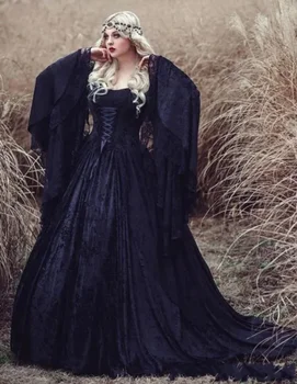 Реколта черни готически сватбени рокли трапецовидна форма с дантела на Хелоуин, рокля на принцеса голям размер с дълъг ръкав, рокля за бала в Замъка на параклис, с влак