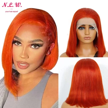 N. L. W # 350 цветни дантелени предната перуки, изработени от човешка коса 13 * 4 кратък Боб пряка човешка перуки 12 инча предни коса за жени 180% плътност