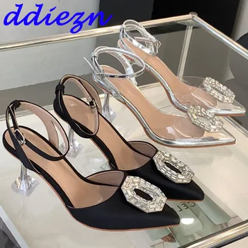 Дамски обувки-лодка в прозрачен ток, дизайнерски модни кристали, Елегантни дамски обувки на висок ток, дамски сандали с остри пръсти