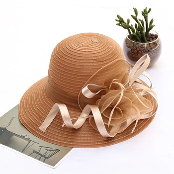 2023 Нови модни Дамски Летни Слънчеви шапки от органза с широка периферия, Елегантна шапка-чародейката с цветя, Сватбена шапка за църковната партита с защита от uv