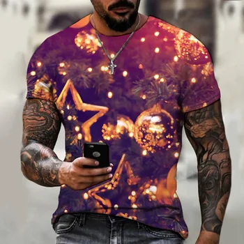 2022 Мъжка модна марка тениска Коледа светлинно шоу, празнична атмосфера, отгоре с 3D принтом и кръгло деколте, Всекидневни свободен Оверсайз