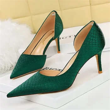 Дамски елегантни обувки-лодка на висок ток 7,5 см, 10,5 см, женски-големи размери, копринени сатен Зелени Сребърни Сватбени обувки на високи токове към ниска пета, фетиш-обувките за партита
