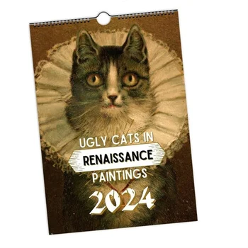 Стенен календар за котки 2024,2024 година. Забавен календар за котки от епохата на Възраждането, Висящ стенен календар, Календари за котки 12 месеца с грозни