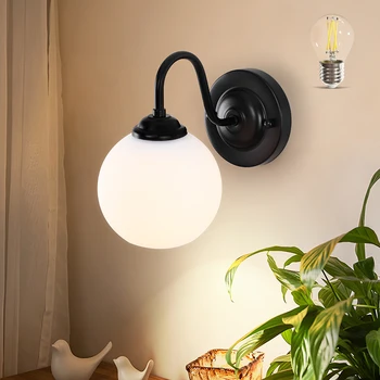 През цялата монтиран на стената лампа от черно стъкло, ретро, с монтиран на стената лампа, Simplicity, промишлен лампа за дневна, антре (със крушка)