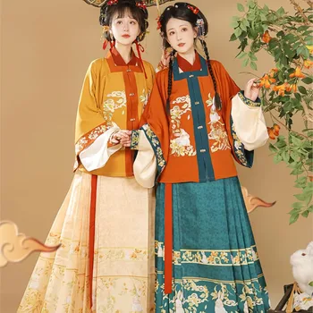 Оригинална рокля Hanfu, дамско яке с квадратна яка в китайски стил, заек, есен-зима, плиссированное рокля с лошадиным лицето на Династията Мин