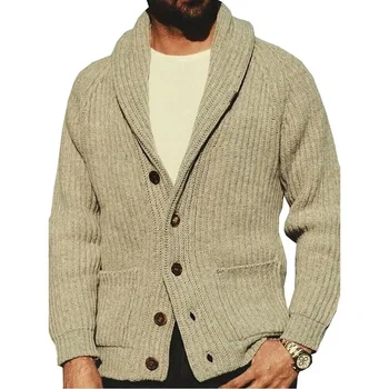 Есенно-зимни мъжки якета, Пуловери, Обикновена Плетени Жилетки с ревери и дълъг ръкав в ретро стил Тенденция Chamarras ал Hombre
