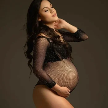 Снимка на бременната Жена Еластични Прозрачни Боди подпори за фотография на бременни Черно боди Прозрачна Мрежа облекло