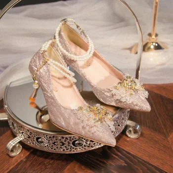 Women 's Shoes Bridal Шаферка Обувки White Champagne Pearl Шило Върха Women' s Wedding Shoes обувки шаферки
