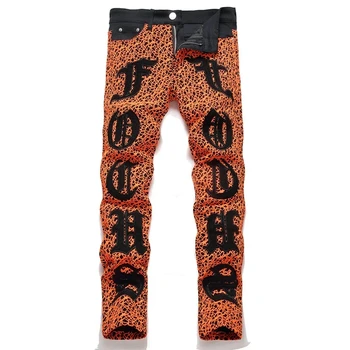 Нови летни Улични Оранжеви панталони-молив с бродерия под формата на паяжина 2023 г., малки Прав панталон-молив с висока талия, дънкови панталони в стил хип-хоп