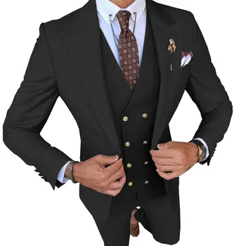 Нови модни мъжки костюми 2023 Slim Fit ревера, 3 предмет, елегантен Бизнес сватбен костюм, комплект от 3 теми