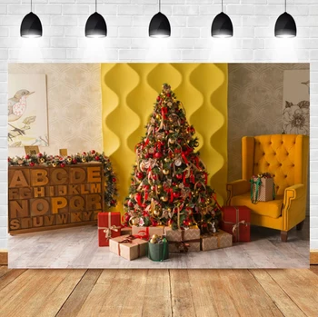 Коледен фотофон Laeacco за рожден Ден, интериор, Коледна елха, Подарък диван, Дървен под, снимков фотофон