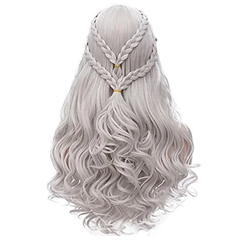 HAIRJOY Синтетични косми е Дейенерис Таргариен перуки Сребърен дълъг сплетен костюм Cosplay Кралицата на Лолита перука за жени
