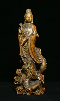 Най-старите Китайски Самшитовый Дракон Клан-ин Боддхисаттва Луни Гуаньинь Статуя на Богинята