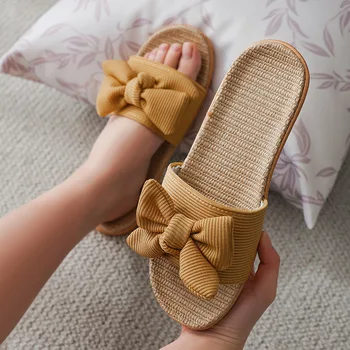 Домашни прохладни ленени чехли с лък, дамски летни домашни нескользящие чехли за двойки, обувки womengjm7