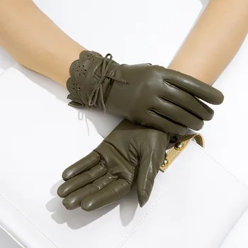 Зимни дамски елегантни ръкавици от естествена козя кожа кожа за шофиране, колоездене, кожени ръкавици