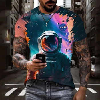 Космическа Мъжка тениска Американски тениски с 3D принтом, Къс ръкав, Големи Космически човек в стил Хип-хоп, Памучен тениска с кръгла яка, Мъжки дрехи