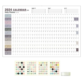 Стенен календар в 2024 година Стенен голям годишен планер на 12 месеца, Странично оттичане, фланец календар от януари до декември за обзавеждане на планиране