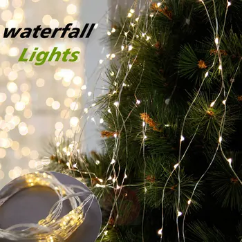 100 LED Водопад Лоза Струнни Светлини Батерия Сребърна Тел Приказни Светлини за Дърво, Трева Коледа Домашен Прозорец Фоново Украса
