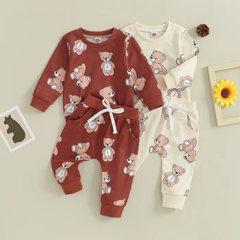 Детски пролетен комплект от 2 теми, hoody с дълги ръкави и штанами с хубав анимационни мечок и принтом, комплект есенни дрехи за новородени