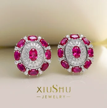 Обеци XIUSHU с рубин в голубиной кръв висока рамки на Модни Обеци От 2021 Нови Модни френски обеци в ретро стил от сребро