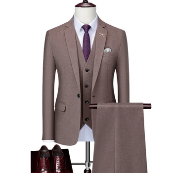 (Блейзър + жилетка + панталон Мъжки просто бизнес елегантен костюм на джентълмен с бутоните за интервю за работа, тънък костюм от 3 теми
