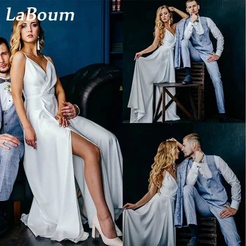 LaBoum Прости сватбени рокли без ръкави, с V-образно деколте, Трапециевидные, с висока цепка, с тънки спагети презрамки, Сатен Сватбени рокли за жени Robe De Mariée