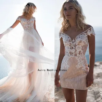 Къса Булчинска рокля DREAM Beach, 2 броя, Подвижна Панделка, апликации от мъниста, Дантелено Сватбена рокля, Индивидуален ръкав-шапка