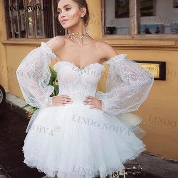 Женски мини сватбена рокля LINDO NOIVA от хубава дантела и тюл, къси, летни, плажни сватбени и вечерни рокли с подвижна буйни ръкав