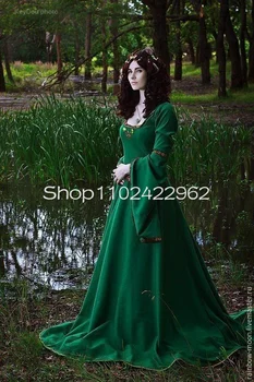 Средновековни абитуриентски рокли Хънтър Green с аппликацией по ръба с дълъг ръкав, келтски елфски костюм Forestcore, корсет, вечерна рокля